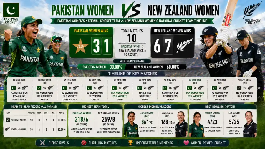 Pakistan Women's National Cricket Team vs New Zealand Women's National Cricket Team Timeline