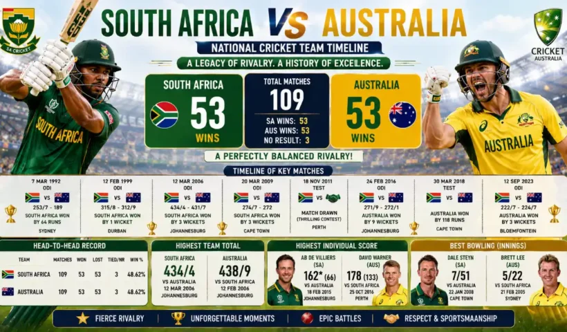 South Africa National Cricket Team vs Australia Cricket Team Timeline