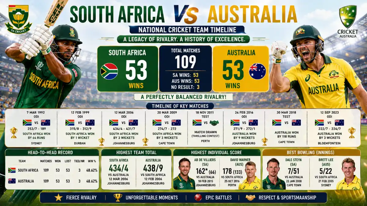 South Africa National Cricket Team vs Australia Cricket Team Timeline